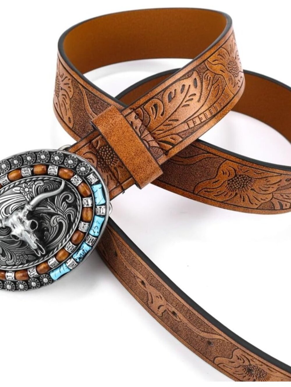 Women's Brown Western Pu Leather Longhorn Bull Turquoise Embossed Buckle Belt - Picture 3 of 7